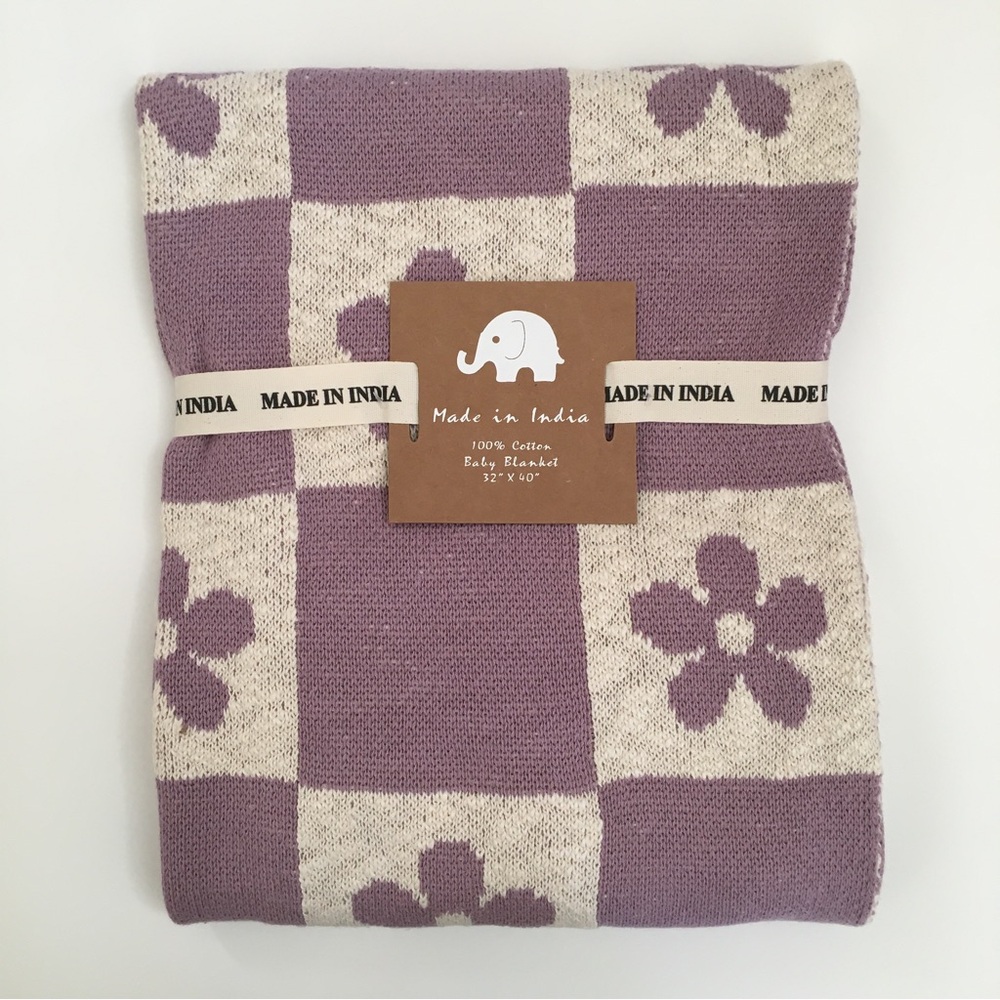 NEW Baby Blanket Cotton Knit Purple Floral Pattern Baby Gift | Made in India